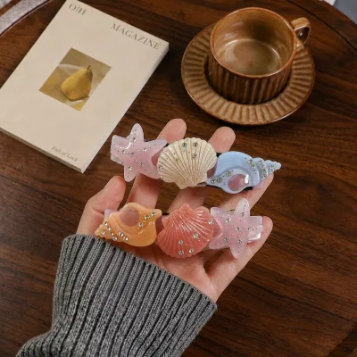 New Ocean Series Acetate Duckbill Hair Clip Cute Starfish Conch Shell Rhinestone Hair Barrette for Women Girls