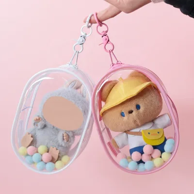 Portable & Dustproof PVC Zipper Doll Pouch Bag Clear Figure Display Bag Transparent Doll Storage Bag for 15cm Doll with Keychain