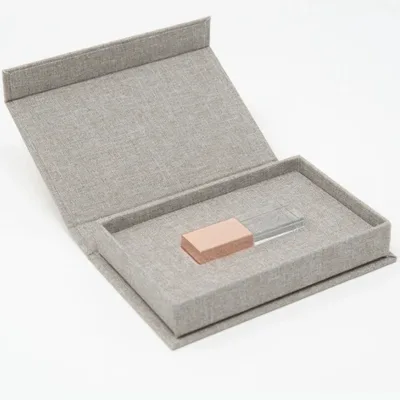 Luxury Handmade Light Gray Cream Linen Paper USB Flash Drive Packaging Crystal Sticks for Photographers Stock Available