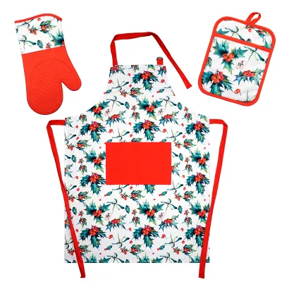 Customized Printed Design logo Cooking Kitchen Apron Set Apron Oven Mitt and Pot Holder Set Baking Apron