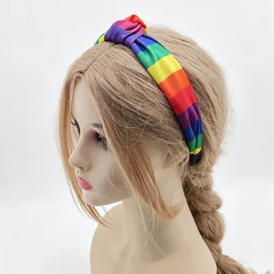 3cm Wide Rainbow Knot Fabric Plastic Headbands Women Pride Day Sweet Cute Hair Hoop Daily Party Holiday Hair Styling Accessories