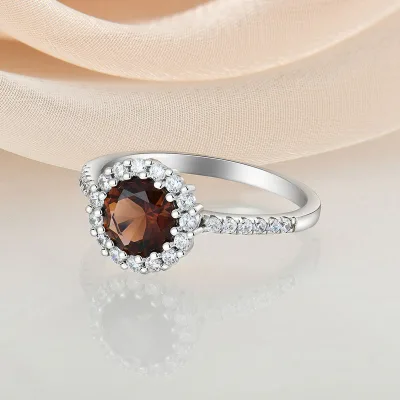 Round Coffee Brown Cubic Zirconia Halo Engagement Ring 925 Sterling Silver Pave Side Stone Women Wedding Promise Ring