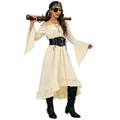 PEEQI 8157 Autumn Halloween Cosplay Wear Women Pirate Costume Vintage Long Flared Sleeve Dress Stage Role-playing Dress