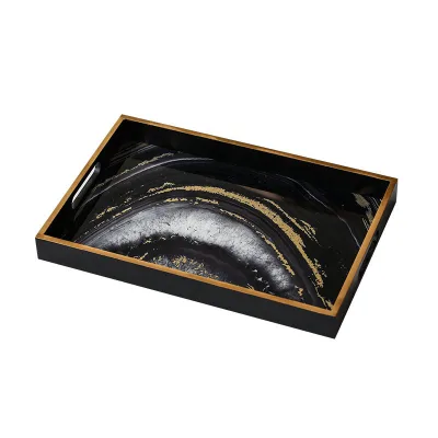 Luxury and Elegant Glass Tray Decorated with Black Streamer Gold Pattern Coffee Table Vanity Tray