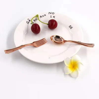 Disposable Electroplating Rose Gold Small Fork Spoon PS Plastic Ice Cream Fruit Snacks Natural Wind Style