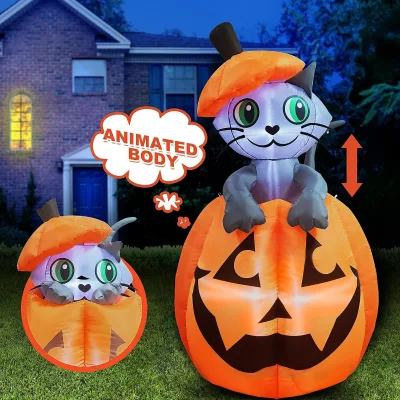 5 FT Halloween Inflatable Cat Pumpkin Yard Decoration with Animated LED Lights