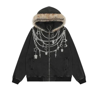2026 Autumn Men's Retro Style Washed Knitted Cardigan Hooded Sweatshirt With Fur Collar and Zipper Loose Fit New Hoodie