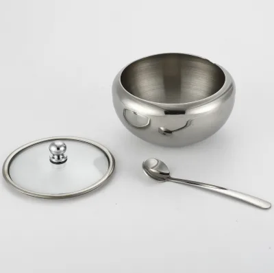 Stainless Steel Sugar Bowl with Clear Lid and Spoon, Polishing Process, Easy to Clean
