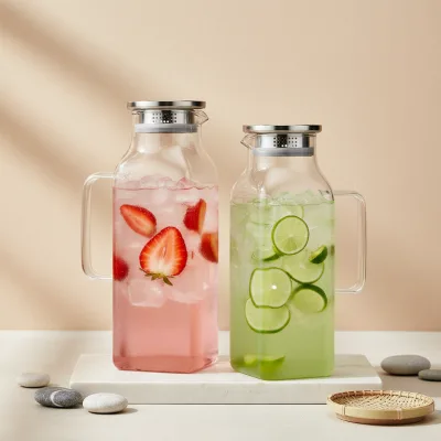 JY 2 Pack 68 Oz Square Borosilicate Glass Pitcher Handle Lid Heat Resistant Modern Design for Hot Tea Cold Brew Milk-Fridge Safe