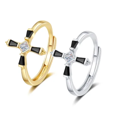 Wholesale Simple Elegant Women's Gemstone Cross Rings Adjustable Non-Fading Inlaid Zirconia Gold Plated Niche Design Trendy