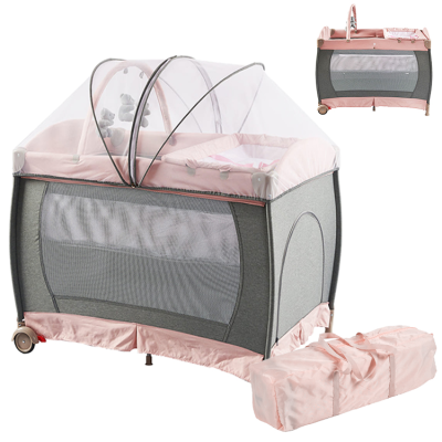 Modern Portable Nursery Center Toddler Camping Cot Baby Crib Bed Playard for Babies with Mosquito Net Pink