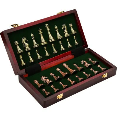 Popular Classic Metal Chess Piece Adult Chess Set with Metal and Wooden Chess Box Board for Good Quality in Europe Market