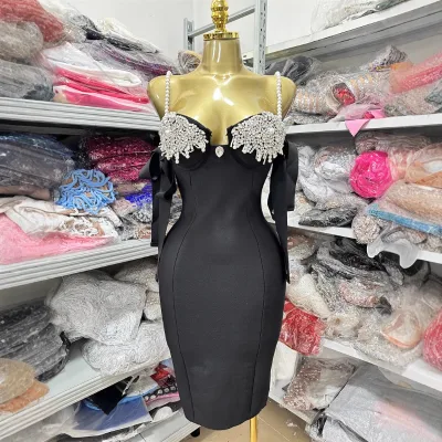 C260903 Ladies Off Shoulder Bandage Midi Dress Pearl Beaded Straps Rhinestone Bustier Bow Detail Bodycon Party Dress
