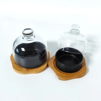 Elegant Dustproof Butter Keeper Crystal Glass Dome Lid Mini Butter Dish with White/Black Ceramic Bowl for Candy Parfait Jam
