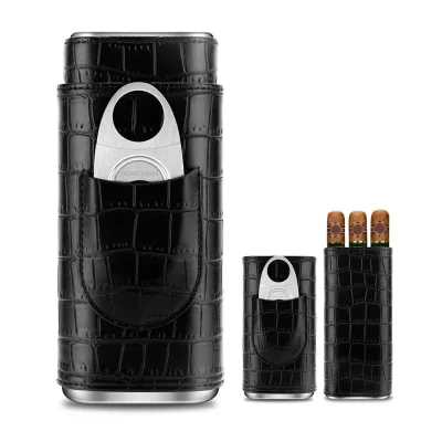 New Arrival Portable Men Gift Cigar Case Reusable 3 Cigars Capacity PU Leather Wood Cigar Tool Cutter Case Travel Storage Box
