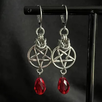 Punk Rock Pentagram Drop Earrings Gothic Pentagram Ruby Tassel Hoops Charm Geometry Piercing Jewelry for Women Men