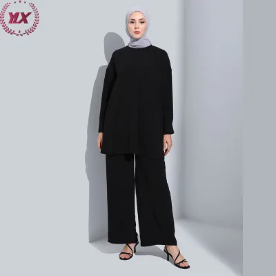 Custom High Quality Dubai Elegant Simple Loose Fit Set Modest Top and Pants Casual Suits for Muslim Women