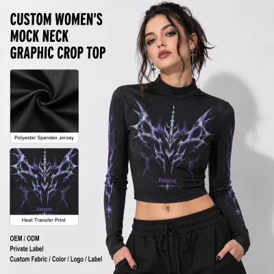 Private Label Ladies T Shirt Mock Neck Cropped Polyester Spandex Jersey Heat Transfer Print Long Sleeve Streetwear T Shirt