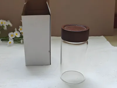High Borosilicate Glass Cylinder Storage Jars Wooden Lids Airtight Screw Top Set 0.5-1L Non-hole Cover for Coffee Beans Cookies