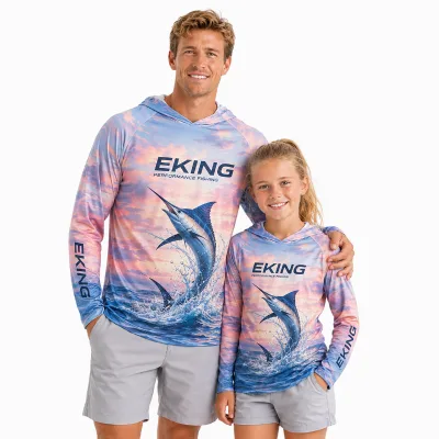 Custom Sunset Marlin Graphic Sublimation Print Fishing Hoodie Lightweight Breathable Moisture Wicking UPF 50+ Fishing Wear