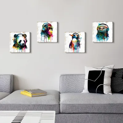 Colorful Animal Wall Art Funny Cute Bear Monkey With Headphone Canvas Prints Pictures Nursery Room Decor Paintings Artwork