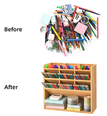 Bamboo Pen Organizer Desktop Stationary Organizer Caddy with 9 Compartments Storage Holder