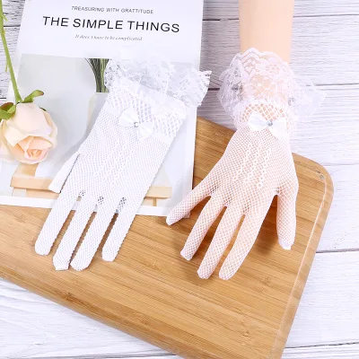 New Women's Pearl Bridal Gloves With Bow - Elegant Lace and Net Yarn Wedding Gloves