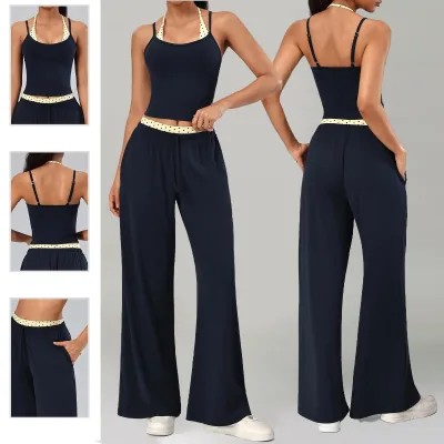 Custom Contrast Color Yoga Sets Gym High Quality 2 Piece Fitness Pilates Quick Dry Wide Leg Pant with Pocket Bra Workout