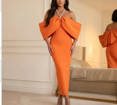 Womens Luxury Orange Crystal V-neck Off Shoulder Long Bandage Dress Celebrity Evening Club Party Dresses Wholesale