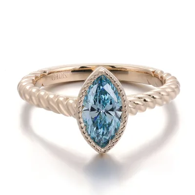 Factory Direct Custom 10K Solid Yellow Gold 1 Carat Blue Laboratory Diamond Marquise Cut Ring for Weddings and Anniversaries