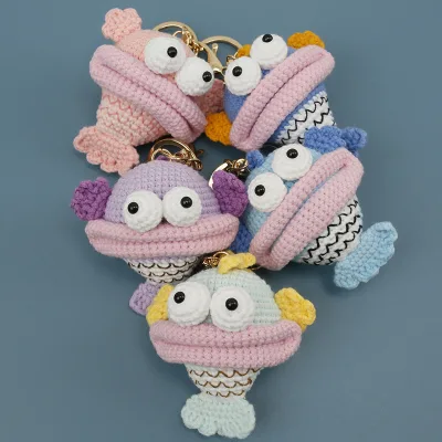 Handmade Crochet Big Lip Fish Keychain Pink Blue Purple Sky Mint With Bulging Eyes Scale Stitch Gold Hardware Charm
