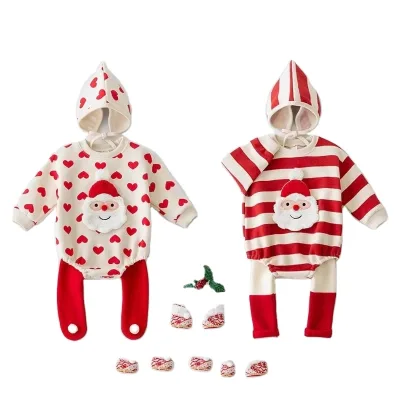 HY2 Hot Sale Christmas Baby Clothes,Christmas New Winter Santa Print Sleeve Baby Girl Christmas Onesie Set