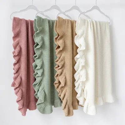 Newborn Baby Soft Cozy Knitted Pattern Cotton Knitted 100% Cotton Solid Ruffle Baby Wrap Knitted Blanket