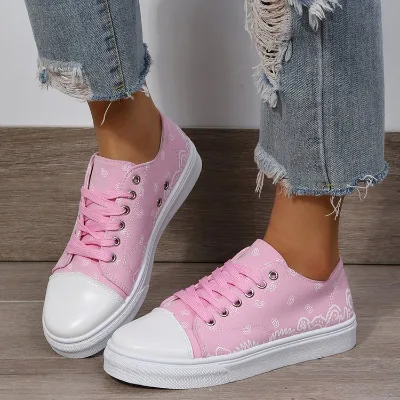 Large Size 2022 New Trend Women's Canvas Shoes Printing Lace up Flat Women's Single Shoes Casual Shoes