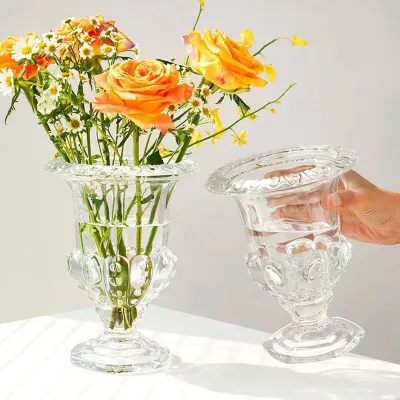 Vintage Ins Style Creative Relief High Foot Large Vase Transparent Glass Flowers Light Luxury Table Vase