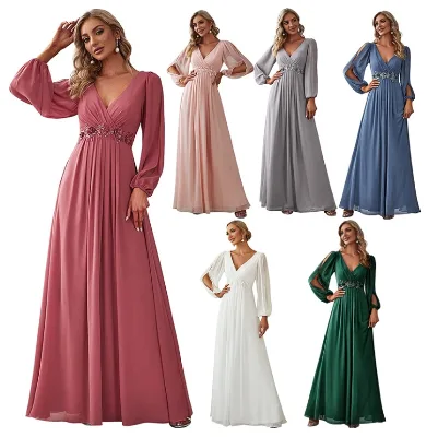 European and American Women's  Elegant Banquet Dress V-neck Long Evening Dress Waist Bridesmaid Dress
