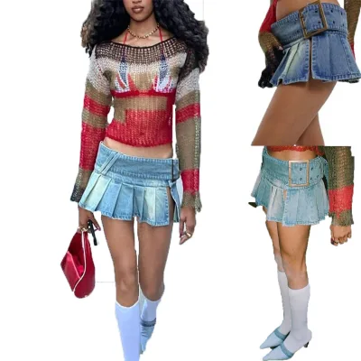 Mini Denim Skirt Blue Low Waist Pleated Solid Color Streetwear Female Skirt With Belt