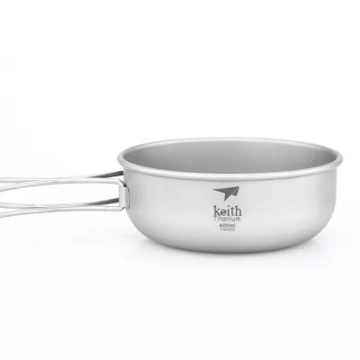 Ultra-Light Pure Titanium Single Wall Rice Noodle Bowl with Folding Handle Wide Mouth Metal Soup Bowl Portable Dinnerware