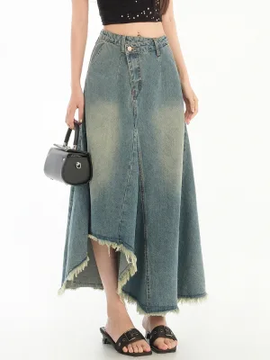Custom Summer Loose American-style Vintage Washed Nostalgic Irregular-cut Raw-edge A-line Midi Quick Dry Splicing Denim Skirt