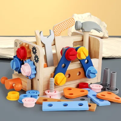 Wooden Tool Box Set Toy Tool Basket DIY Toys Wooden Simulation Toolbox Screw Nut Tool Set
