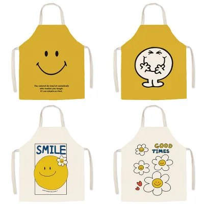 Cartoon Cotton Linen Homestyle Fashionable Kitchen Baking Sleeveless Apron Smiling Face Cute Parents Children Antistain Cooking
