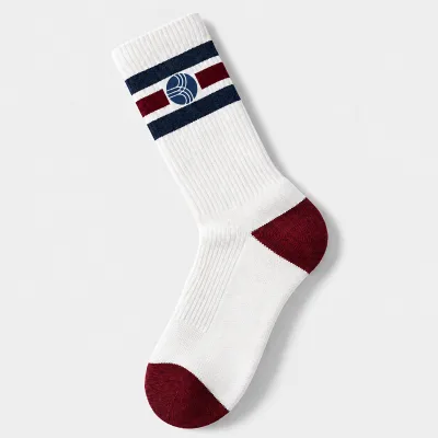 Premium White Jacquard Knit Stripe Logo Crew with Navy Maroon Design Breathable Sports Man Socks