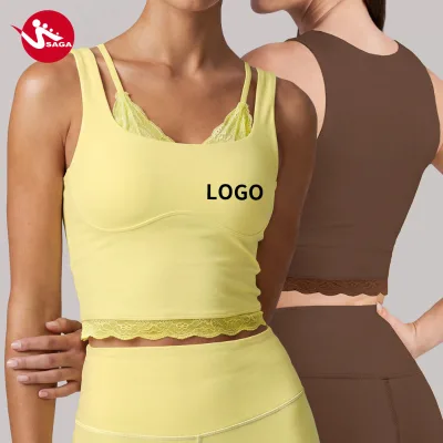 Source Factory Dancing Instagrammable Faux Two-piece Padded Gym Lace Naked Feel Yoga Lingerie-Inspired Yoga Cami Top