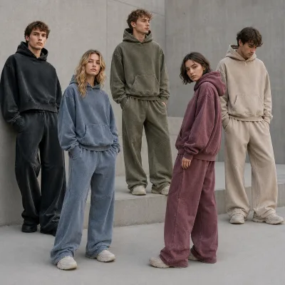 Custom Logo Two Piece Set Mens Oversized Heavyweight Cotton Fleece Acid Wash Distressed Hooded Wide Leg Streetwear Tracksuit