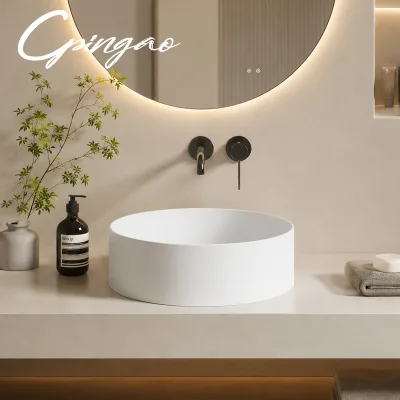 Factory Modern Costom Size Color Round Basin White Lavatory Bathroom Solid Surface Sink Artificial Stone Counter-top Wash Basin