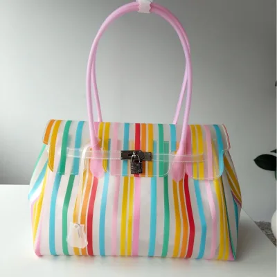 New TPU Jelly Bag Single Shoulder Tote Bag Large Capacity Handbag Rainbow Stripe High Beauty Beach Bag