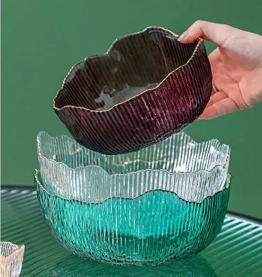Nordic Glass Salad Bowl Vertical Grain Colorful Dessert Personality Vegetable and Fruit Salad Soup Snack Glass Bowl