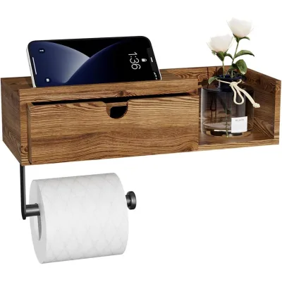 Wooden Toilet Paper Holder with Wet Wipes Box Stylish Toilet Paper Holder Practical Mounted Toilet Roll Holder Wood for Bathroom