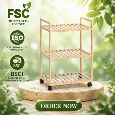 Open Shelf Bamboo 3 Tier Storage Trolley on Casters, Compact Push Cart for Home and Retail Use