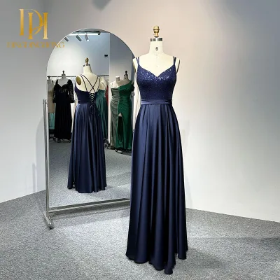 Elegant Royal Blue Chiffon Ladies Evening Party Dress Lace Decoration New Sling Shoulder Design Sequin Bead Embroidery Classic